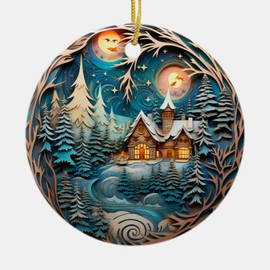 Familienaam Cabin Rustiek Bos Gepersonaliseerd Keramisch Ornament (Voorkant)