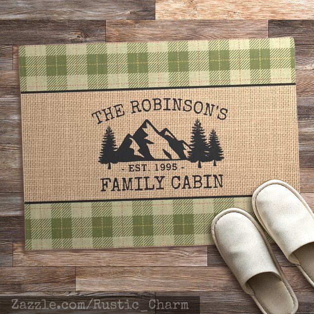 Familienaam Cabin Trees Sage Green Play Burlap Deurmat (Several sizes to choose from.)