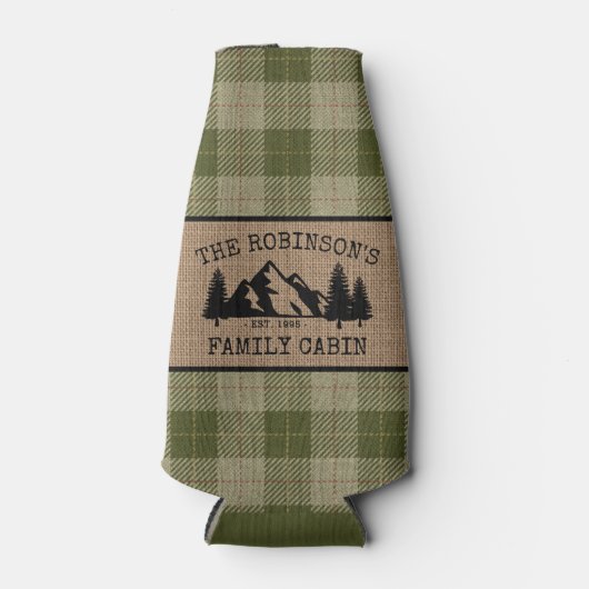 Familienaam Cabin Trees Sage Green Play Burlap Flesjeskoeler (Voorkant)