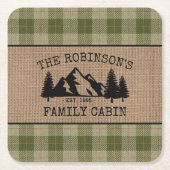 Familienaam Cabin Trees Sage Green Play Burlap Kartonnen Onderzetters (Voorkant)