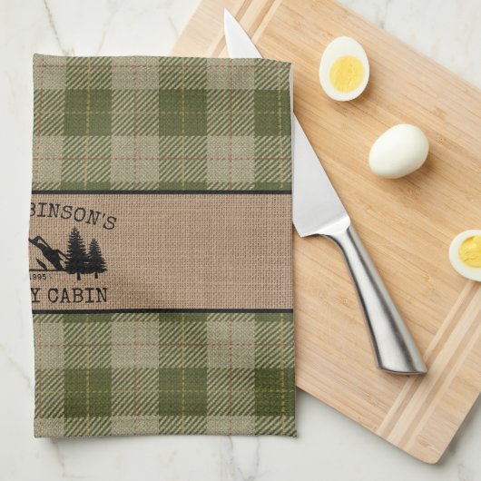 Familienaam Cabin Trees Sage Green Play Burlap Theedoek (Quarter Fold)