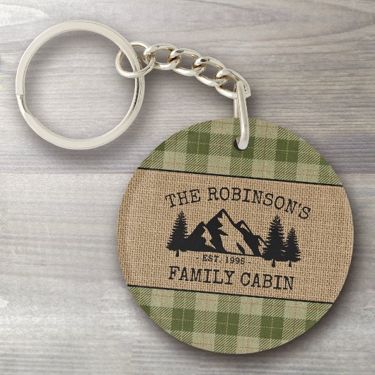 Familienaam Cabin Trees Sage Play Burlap 2 zijkant Sleutelhanger