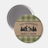 Familienaam Cabin Trees Sage Play Burlap Round Magneet (Voorkant / Achterkant)
