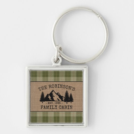 Familienaam Cabin Trees Sage Pset Burlap Square Sleutelhanger (Voorkant)
