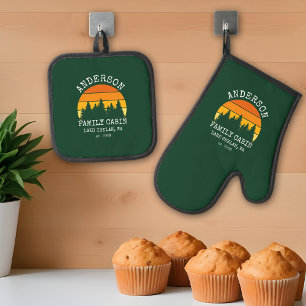 Familienaam Cabine Pijnbomen Zonsondergang Groen Ovenwant & Pannenlap Set
