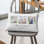 Familienaam Calligrafie Aangepaste Foto Collage Kussen<br><div class="desc">Kussen met 3 vierkante foto's naast elkaar op de voor- en achterkant,  in totaal 6 foto's die je kunt vervangen door eigen foto's tegen een witte achtergrond. Je kunt ook je familienaam toevoegen in een stijlvol kalligrafielettertype en het jaar van oprichting. Perfect voor interieurdecoratie,  pasgetrouwden,  familiestukken,  enz.</div>