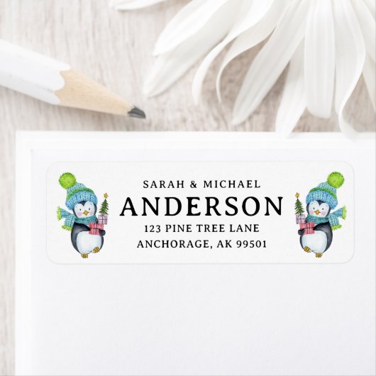 Familienaam Cute Kerstpinguins Etiket (Insitu)