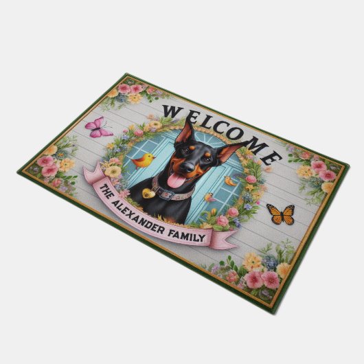 Familienaam Doberman Pincher Hond Bloemen Welkom Deurmat (Schuin)