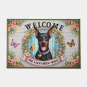 Familienaam Doberman Pincher Hond Bloemen Welkom Deurmat (Voorkant)