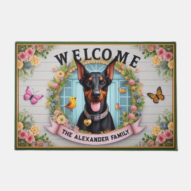 Familienaam Doberman Pincher Hond Bloemen Welkom Deurmat (Voorkant)