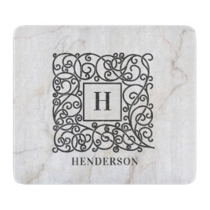 Familienaam Elegant White Marble Monogram Snijplank