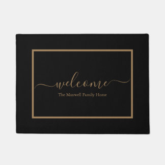 Familienaam Elegant zwart-wit en gouden script Deurmat