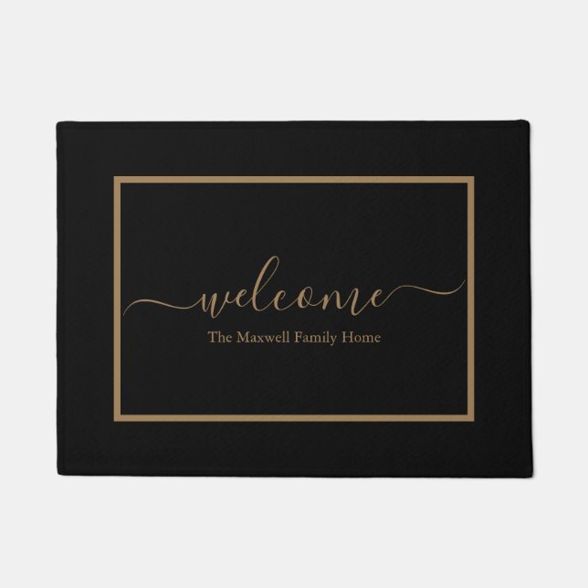 Familienaam Elegant zwart-wit en gouden script Deurmat (Voorkant)