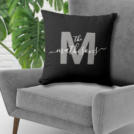 Familienaam Elegant Zwart Wit Monogram Kussen