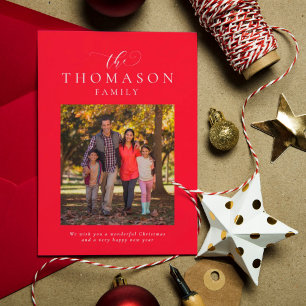 Familienaam elegante rode een-foto kerstkaart