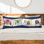 Familienaam en 4 Foto Collage Blue Lichaamskussen<br><div class="desc">Deze klokkenluider en moderne lichaamslengte biedt genoeg ruimte om van je favoriete familiefoto's te shows (ook gesmokkeld!). De sjabloon is klaar voor u om 4 foto's, uw familienaam en het jaar (en/of uw douanetekst) toe te voegen. Uw foto's zullen in een zigzagfotostrip langs de voorzijde worden gelegd, terwijl jouw tekst...</div>