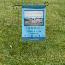 Familienaam en Foto RV Campsite Flag in Blue