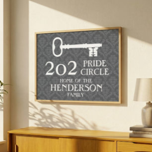 Familienaam en huisadres damasten huissleutel poster