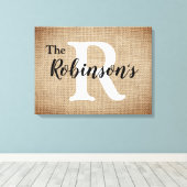 Familienaam en Initiaal Rustic Burlap Afbeelding Canvas Afdruk (Insitu (Houten vloer))