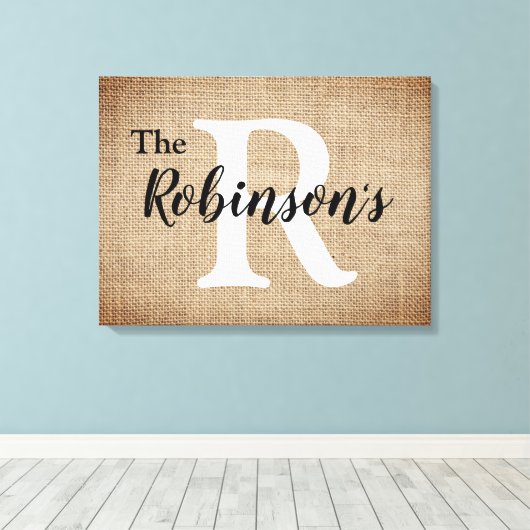 Familienaam en Initiaal Rustic Burlap Afbeelding Canvas Afdruk (Insitu (Houten vloer))
