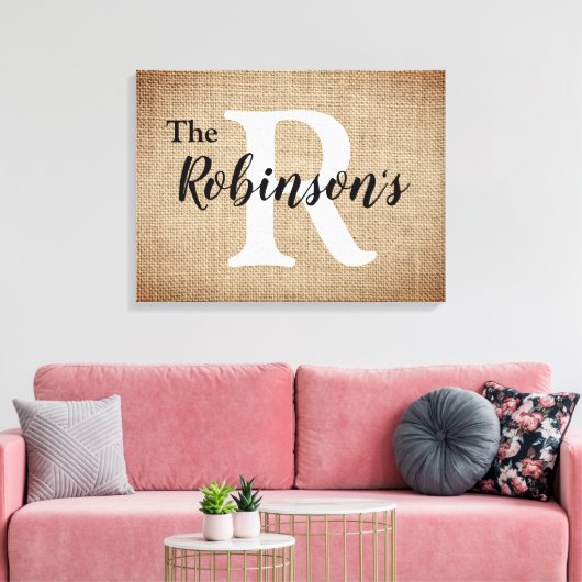 Familienaam en Initiaal Rustic Burlap Afbeelding Canvas Afdruk (Insitu (Woonkamer))