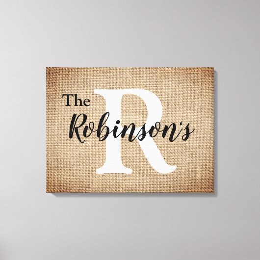 Familienaam en Initiaal Rustic Burlap Afbeelding Canvas Afdruk (Voorkant)