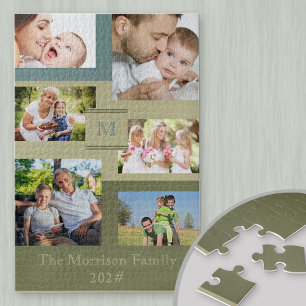 Familienaam en Jaar 6 Fotocollage Groen Blauw Legpuzzel