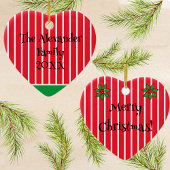 Familienaam en Jaar op Rode en Witte Strepen Keramisch Ornament