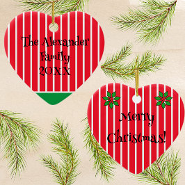 Familienaam en Jaar op Rode en Witte Strepen Keramisch Ornament