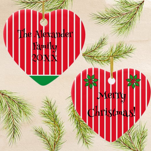 Familienaam en Jaar op Rode en Witte Strepen Keramisch Ornament