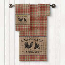 Familienaam Farmhouse  Red Pset Burlap Bad Handdoek