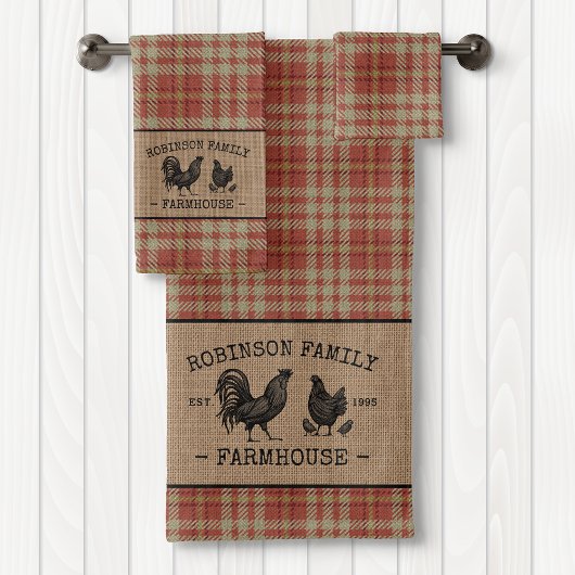 Familienaam Farmhouse Red Pset Burlap Bad Handdoek