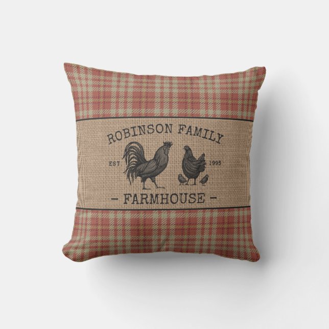 Familienaam Farmhouse  Red Pset Burlap Buitenkussen (Voorkant)