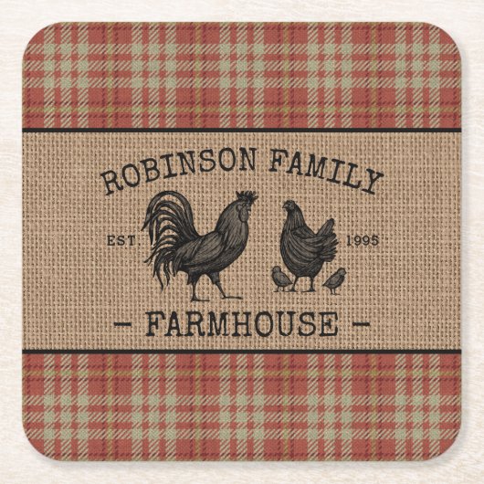 Familienaam Farmhouse  Red Pset Burlap Kartonnen Onderzetters (Voorkant)