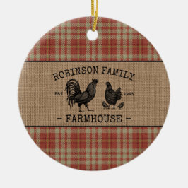 Familienaam Farmhouse  Red Pset Burlap Keramisch Ornament