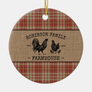 Familienaam Farmhouse  Red Pset Burlap Keramisch Ornament