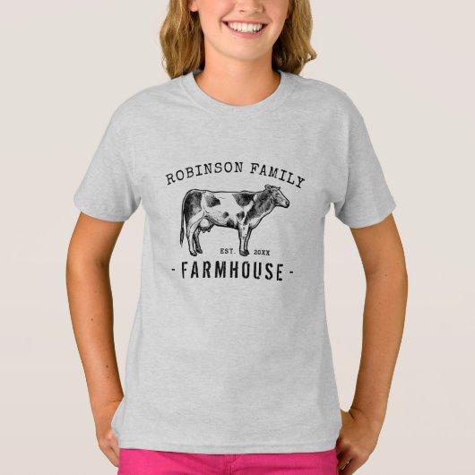Familienaam Farmhouse Rustic Dairy Milk Koe T-shirt (Voorkant)