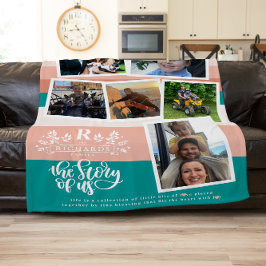 Familienaam Foto Collage | Blauwgroen en roze Fleece Deken