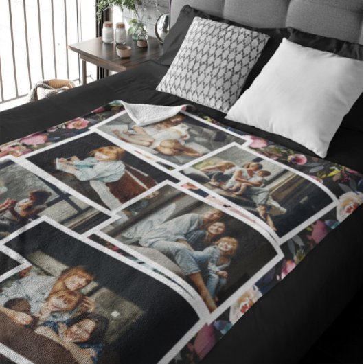 Familienaam Foto Collage | Floral op zwart Fleece Deken