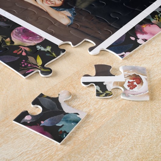 Familienaam Foto Collage | Floral op zwart Legpuzzel (Zijkant)