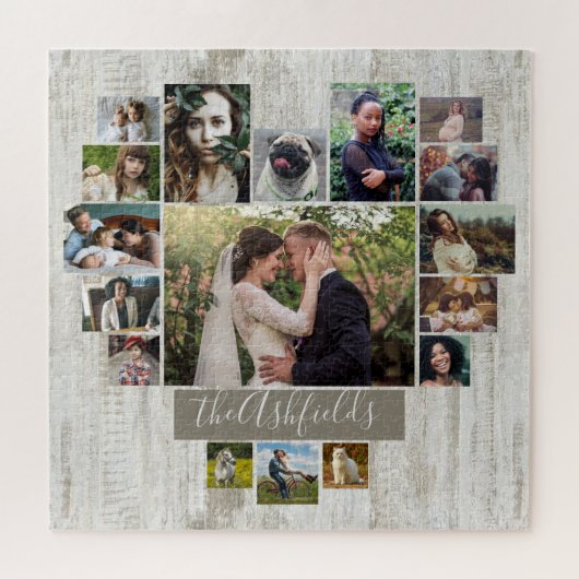 Familienaam Foto Collage Heart Rustic Wood Grain Legpuzzel (Horizontaal)