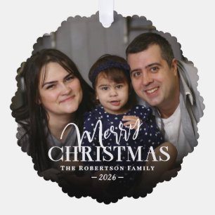 Familienaam Foto Overlay Prettig Kerstfeest Ornament Kaart