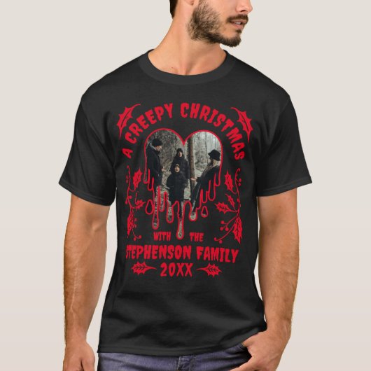 Familienaam Foto Red Heart Creepy Christmas T-shirt (Voorkant)