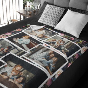 Familienaam Fotocollage Bloemmotief op Zwart Fleece Deken