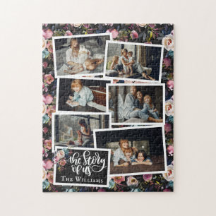 Familienaam Fotocollage   Bloemmotief op Zwart Legpuzzel