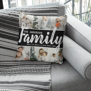 Familienaam, fotocollage en citaat kussen