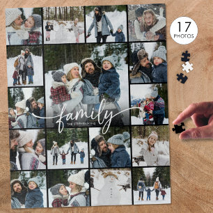 Familienaam Fotocollage Modern Schrift 17 foto's Legpuzzel