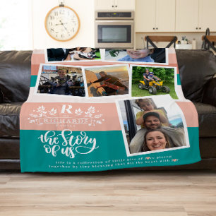 Familienaam Fotocollage Turquoise & Roze Fleece Deken