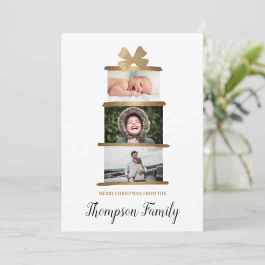 Familienaam Foto's Gift Bow Gold Kerstmis Feestdagenkaart (Staand voorkant)