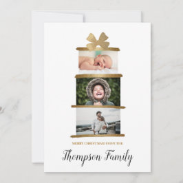 Familienaam Foto's Gift Bow Gold Kerstmis Feestdagenkaart